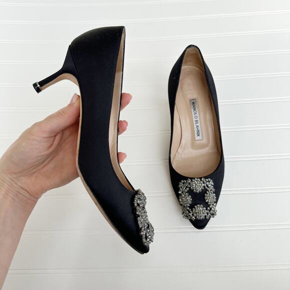 Manolo Blahnik Hangisi Black Satin Crystal Buckle Pumps Embellished Heels 36 - Picture 2 of 7